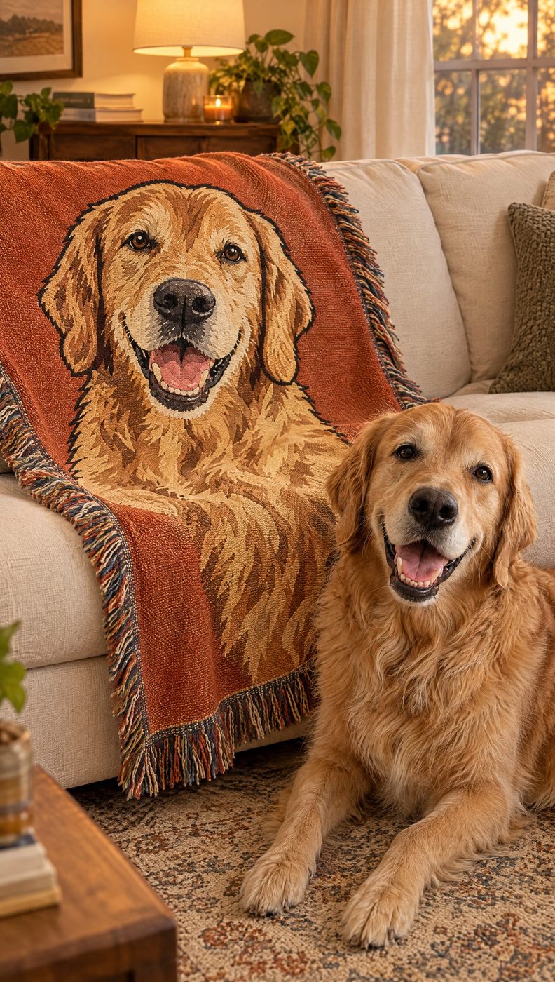Woven blanket with an illustrated golden retriever portrait