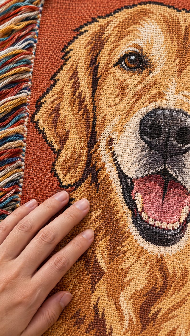 Close-up of the portrait woven into cotton threads